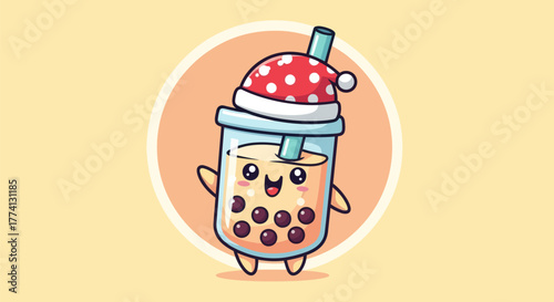 Cartoon bubble tea beverage with holiday hat illustration