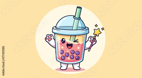 Cartoon boba tea character with magical wand and playful expression