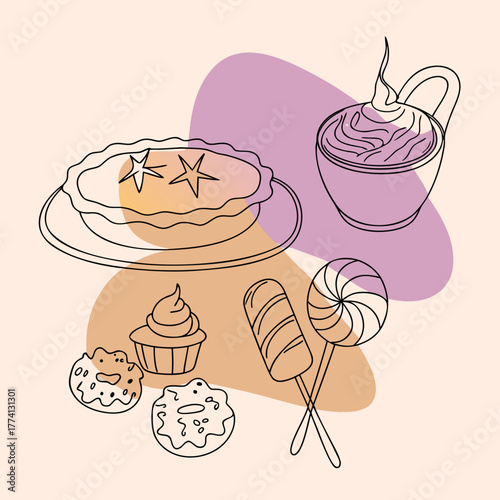 A delightful array of sweets, including a pie adorned with stars, a frothy beverage, a cupcake, donuts, a lollipop, and a chocolate bar, all presented in a charming and whimsical line art style