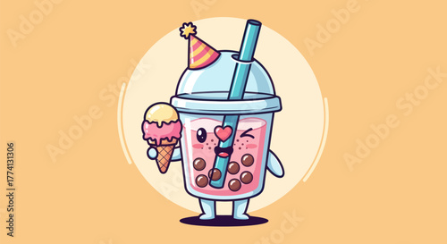 Cartoon bubble tea with ice cream and party hat on orange background