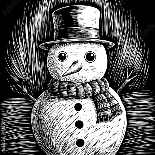 A delightful monochrome drawing features a snowman with a dapper top hat and a warm scarf, standing amidst stylized, textured branches, creating a cozy and inviting winter scene