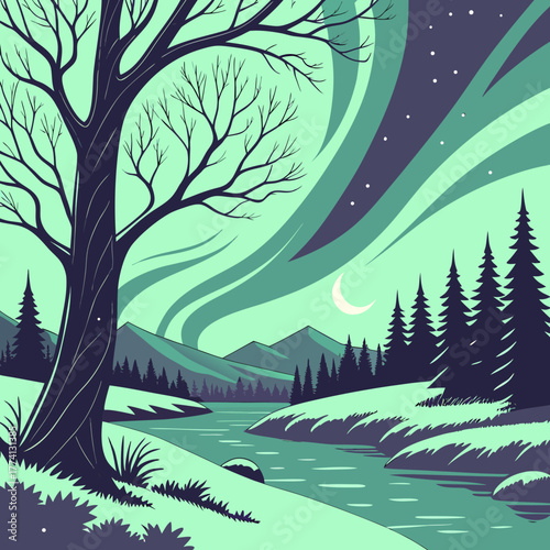 A serene winter landscape features a bare tree standing beside a tranquil river, illuminated by the aurora borealis and a crescent moon in the night sky above a pine forest