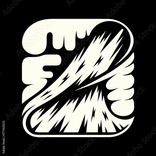 An intriguing emblem showcases an abstract design with sharp, jagged lines, set against a stark black backdrop, evoking a sense of energy, dynamism, and modern aesthetics