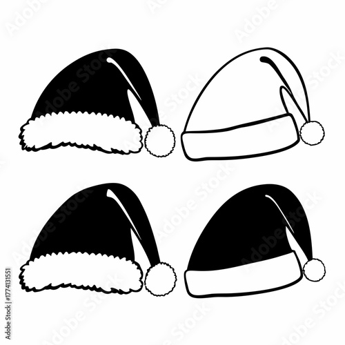 Four santa hats, two in black and two in white, are arranged against a, each featuring a fluffy white trim and a playful pompom