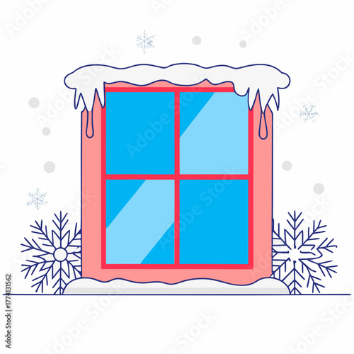 Illustration of a window frame with snow and snowflakes, , creating a wintery scene with a pink frame and blue glass panes, evoking a sense of cold and festive atmosphere