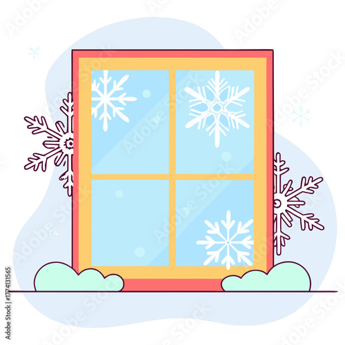 Illustration of a window with snowflakes and snow, , featuring a yellow frame and light blue glass, creating a winter scene with a festive and decorative element