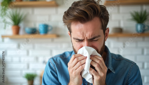 Man sneezes into white tissue, suffering from spring allergies at home. He has red itchy eyes and a stuffy nose, trying to find relief from symptoms.