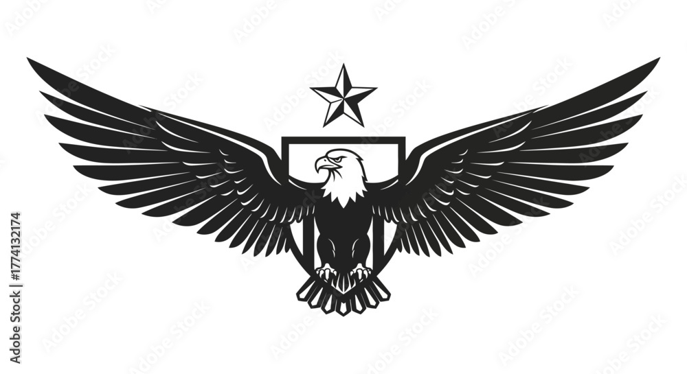 Fototapeta premium Majestic Eagle Emblem with Star and Shield, Wings Spread Wide