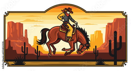 Cartoon Cowboy Riding a Brown Horse in a Desert Landscape Illustration
