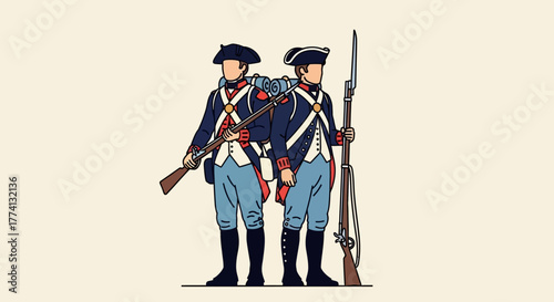Two American Revolutionary War Soldiers in Uniform with Rifles