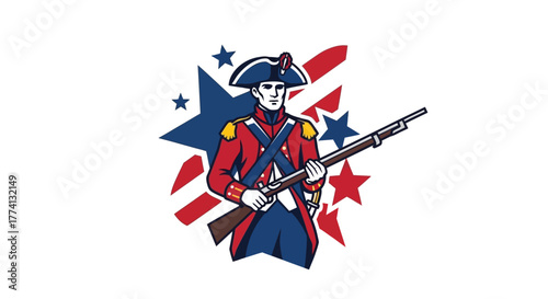 American Revolutionary War soldier in red coat, blue tricorn hat, gold epaulets, holding musket.