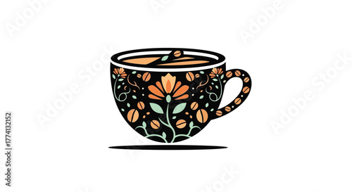 Decorative black coffee cup with an intricate orange floral and coffee bean pattern.