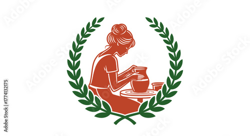 Stylized woman crafting pottery on a wheel, terracotta color, framed by a dark green laurel wreath.