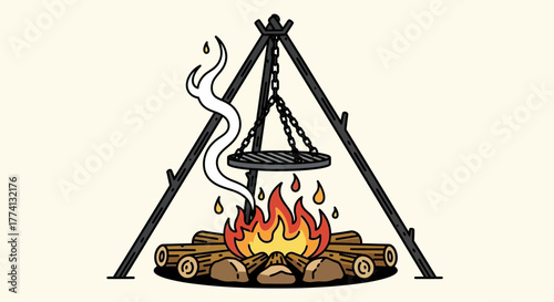 Campfire with Grill and Smoke on Tripod