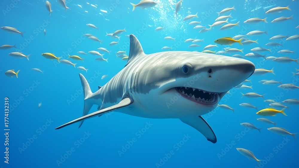 Fototapeta premium A large great white shark swims menacingly through clear blue ocean water surrounded by schools of smaller fish, creating a dynamic and captivating underwater scene.