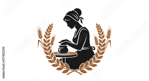 Black silhouette of woman potter at wheel, shaping clay, framed by brown wheat stalks and laurel leaves.