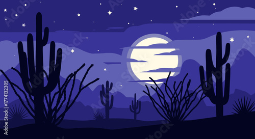 Silhouette of Saguaro Cacti under a Full Moon and Starry Sky