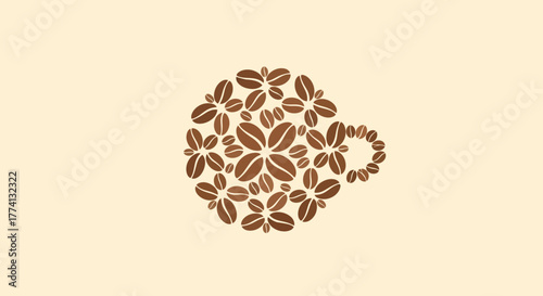 A brown coffee cup silhouette made from creatively arranged coffee beans in a floral pattern.