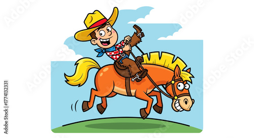 Cheerful Cartoon Cowboy Riding a Playful Orange Horse with Yellow Mane