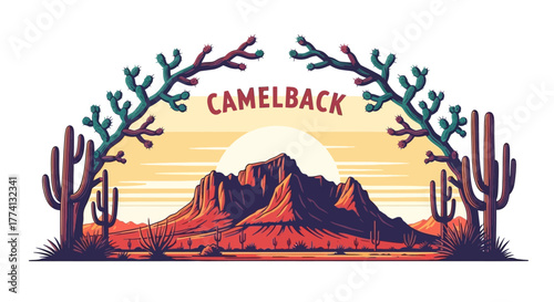 Camelback Mountain Desert Landscape with Saguaro Cacti and Sunset