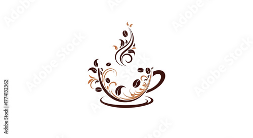 Elegant coffee cup illustration with ornate brown floral swirls, leaves, and coffee beans.