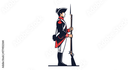 American Revolutionary War Soldier with Musket, Tricorne Hat, and Red Accents