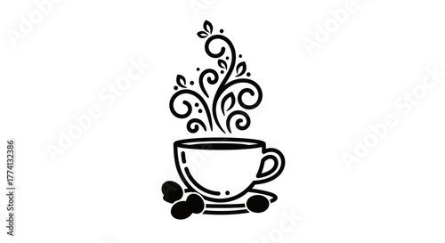 Elegant Black Coffee Cup with Decorative Steam and Coffee Beans