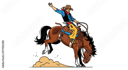 Cartoon cowboy in a hat and chaps riding a powerful bucking brown bronco horse.
