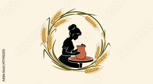 Silhouette of a woman shaping a clay pot on a pottery wheel, framed by wheat.