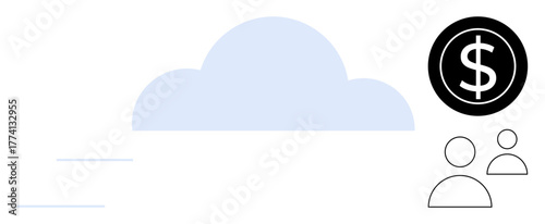 Cloud with horizontal lines symbolizing storage or communication, dollar sign in circle emphasizing finance, and two human icons for teamwork. Ideal for cloud services, finance, teamwork