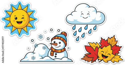 Cartoon icons representing various weather conditions and seasons a cheerful sun, a snowy snowman, falling snowflakes, a rainy cloud, and colorful autumn leaves