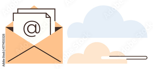 Open envelope containing documents with a large at-sign and hovering stylized clouds in the background. Ideal for email, communication, cloud storage, data sharing, networking, digital messaging