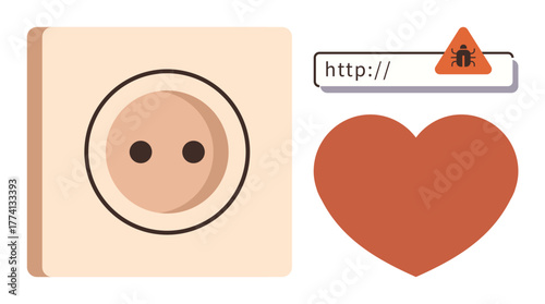 Electric socket, heart shape, and warning on a web address bar signifying cybersecurity, connectivity, vulnerability, awareness, internet safety, data protection, and simple flat metaphor