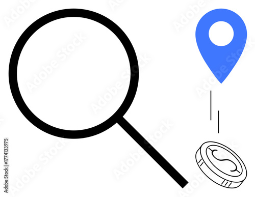 Magnifying glass near a location pin and a falling coin conveys themes of analysis, navigation, finance, problem-solving, search optimization, resource allocation, and decision-making in a simple