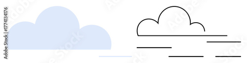 Two simplistic cloud designs one solid, one outlined with linear accents suggestive of motion or data flow. Ideal for weather, environmental science, cloud storage, internet connectivity, simplicity