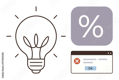 Light bulb symbolizing idea, percentage block, and error window. Ideal for innovation, finance, education, problem-solving, creativity business analysis technology. Simple flat metaphor
