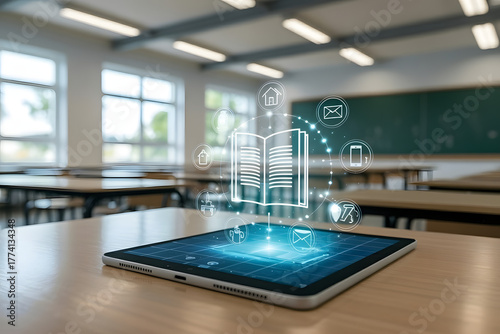 Digital tablet with glowing icons of books Digital tablet displaying holographic educational icons in a modern classroom setting.