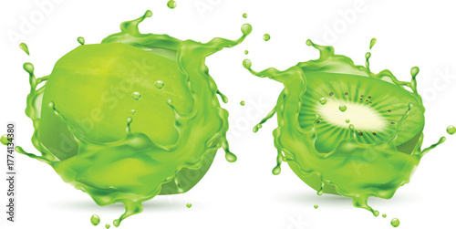 3d realistic peeled tropical kiwi in splashes of juice