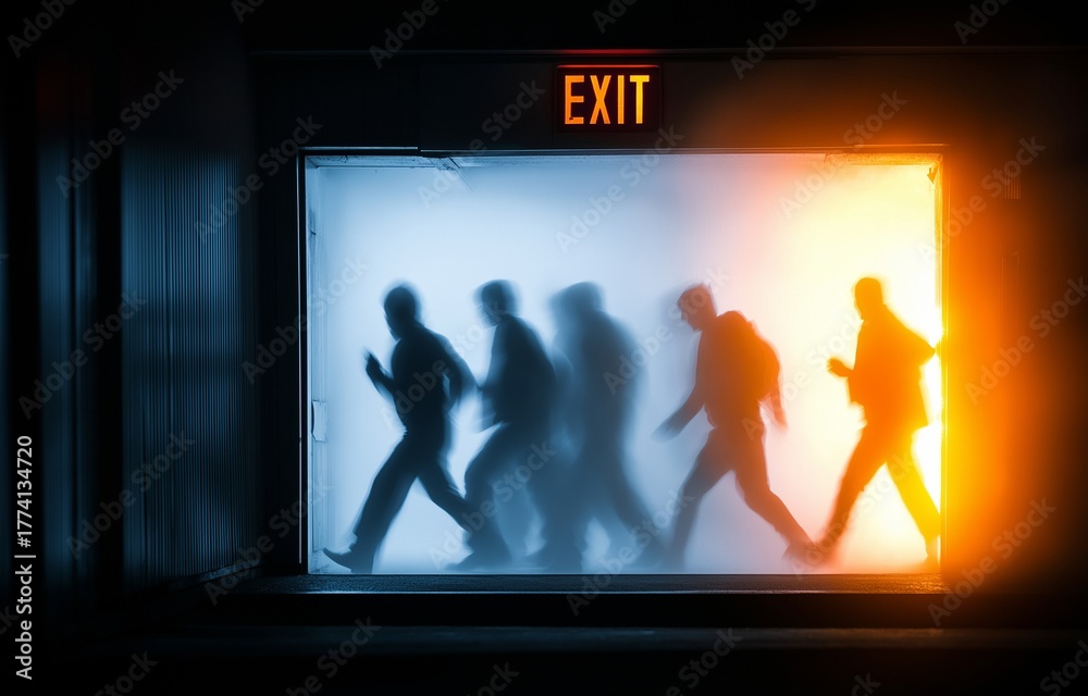 Fototapeta premium People flee via the fire exit door.