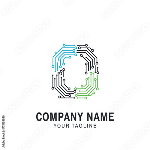 Circuit board letter O logo design for a technology company.