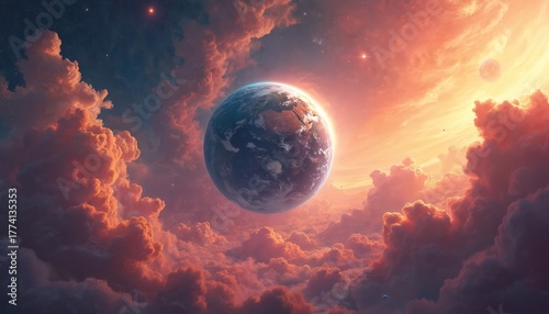 Fototapeta Naklejka Na Ścianę i Meble -  Planet earth in space with clouds and sun. Earth surrounded by orange clouds. Planet floats in galaxy with blue ocean and white clouds. Sun shines on earth from behind clouds.