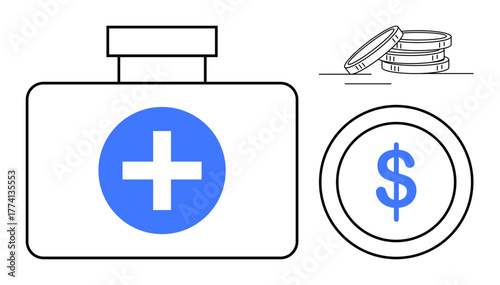 Medical box with cross icon, stacked coins, and dollar coin representing financial support for healthcare. Ideal for healthcare finance, medical insurance, funding strategies, cost management