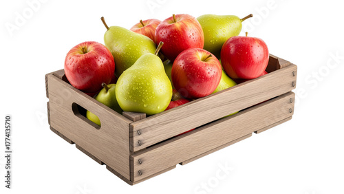 Fresh harvest of crisp red apples and juicy green pears in a rustic wooden crate on a transparent background