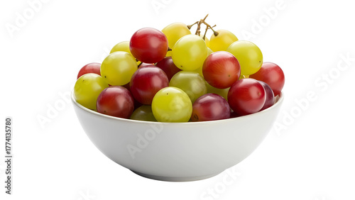 A fresh and healthy mix of vibrant red and green grapes in a white bowl, isolated on a transparent background