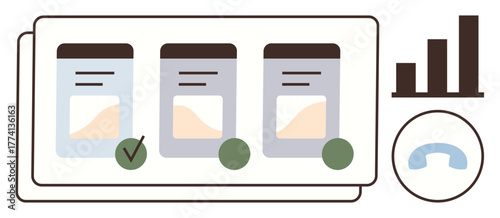 Three data cards aligned with metrics visualization chart and selection highlights. Ideal for analysis, decision-making, statistics, strategy, planning, evaluation, organization. Simple flat metaphor