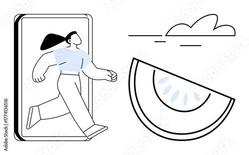 Woman exiting a smartphone towards a scene with a cloud and fruit slice. Ideal for technology, escape, creativity, freedom, digital detox, imagination, balance. Simple flat metaphor