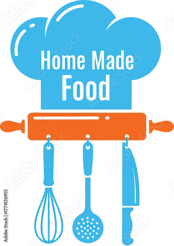 Chef hat with rolling pin and kitchen utensils for homemade food culinary concept vector