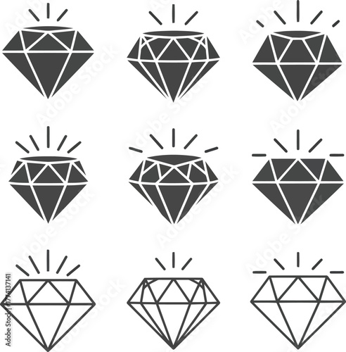 Collection of faceted diamond icons with radiant sparkle and glint details vector
