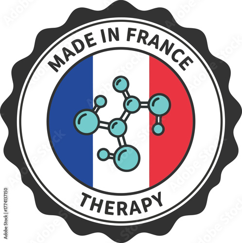 Made in france therapy emblem scientific molecular structure emblem represents innovation and quality vector