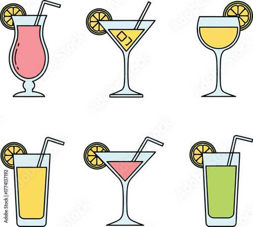 Vibrant summer cocktails assortment fresh refreshing drinks with lemon garnish tropical beverages vector